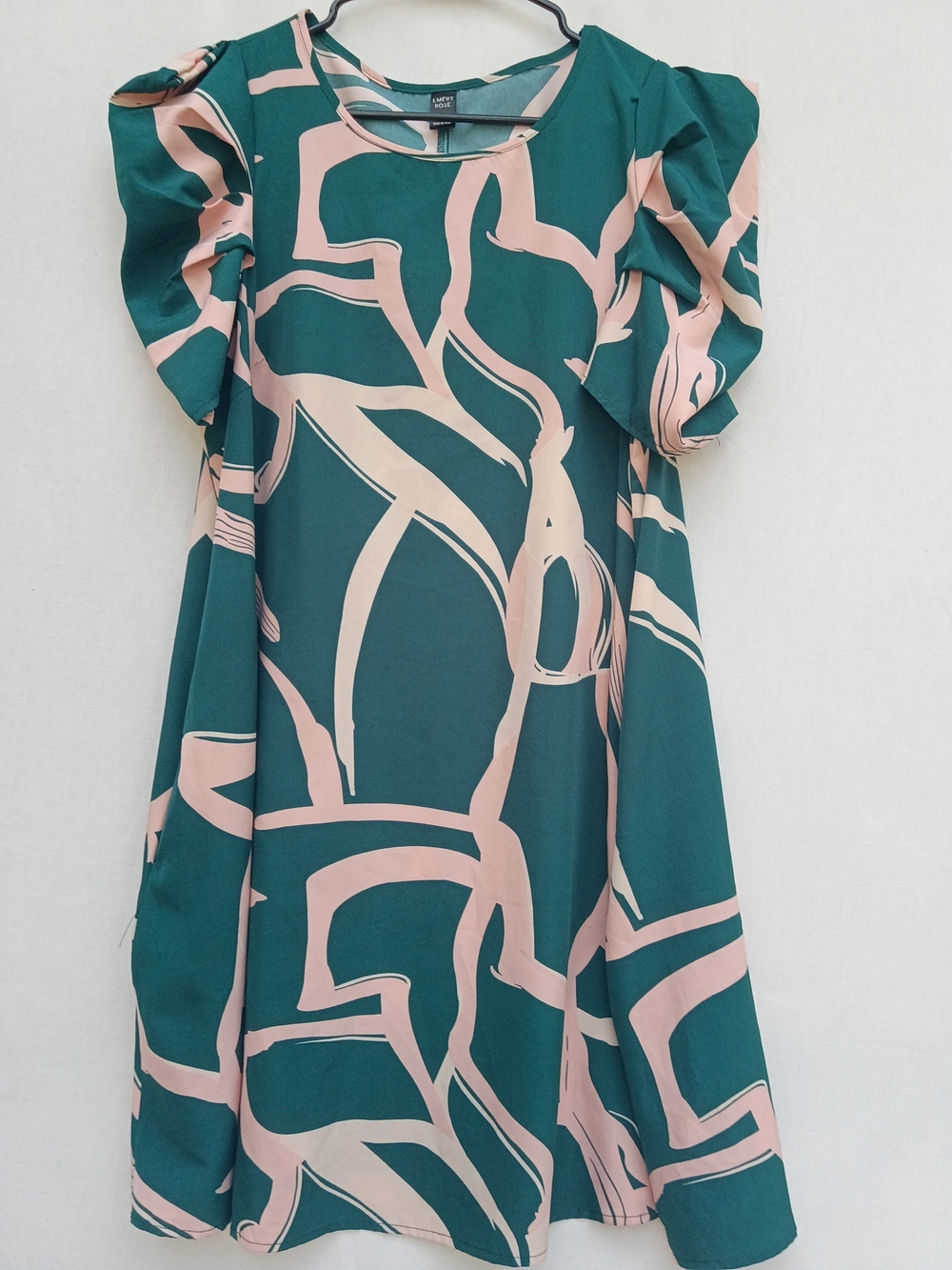 Abstract Green & Blush Midi Dress with Puff Sleeves - Women